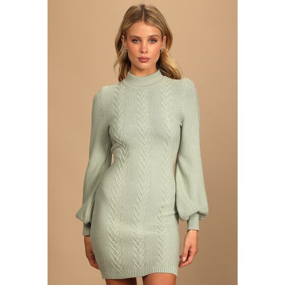 Lulu's Thankful Thoughts Sage Green Cable Knit Sweater Dress XL NWT - Picture 1 of 8